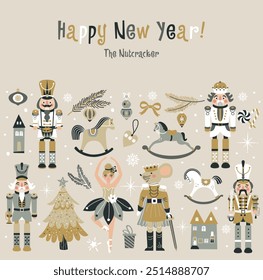 Merry Christmas, New Year set with Ballerina, Mouse King and Nutcracker. Christmas card three and toys
