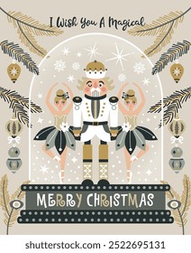 Merry Christmas, New Year set with Ballerina and Nutcracker. Christmas card toys