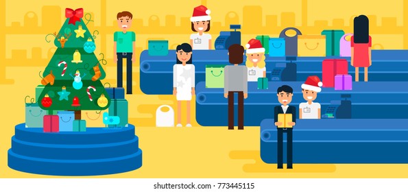 Merry Christmas And New Year In Shop. Store with customers crowd and cashier near cash desk. Gifts and presents. Shopping concept illustration. Sale Boxing Day banner. Vector
