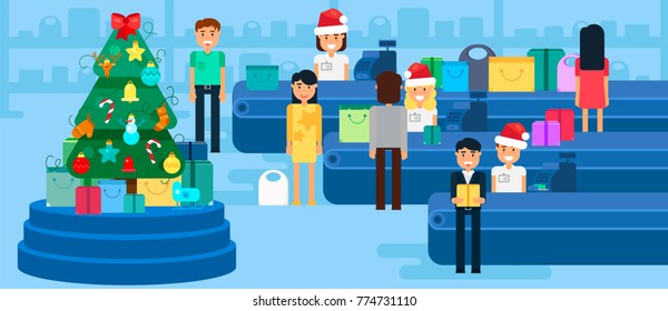 Merry Christmas And New Year In Shop. Store with customers crowd and cashier near cash desk. Gifts and presents. Shopping concept illustration. Sale Boxing Day banner. Vector