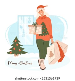 Merry Christmas. New year Shopping. Happy blonde girl in Santa hat in festive sweater with packages and gift box on street of store window and Xmas tree. Vector illustration. Holiday shopper character