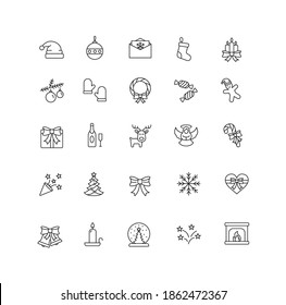 Merry Christmas And New Year Simple Thin Line Icon Set Vector Illustration. Christmas Toys, Tree, Sock, Fireplace, Gifts, Mittens, Angel, Candy, Candle, Snow Globe, Santa Claus, Bow, Champagne, Deer.