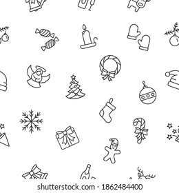 Merry christmas and new year simple seamless vector pattern on a transparent background. Christmas toys, tree, sock, fireplace, gifts, mittens, angel, candy, candle, snow globe, Santa Claus.
