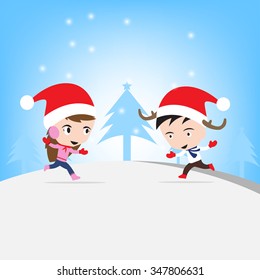 Merry Christmas New Year with smiling boy and girl in vector, Winter holiday theme blue background 