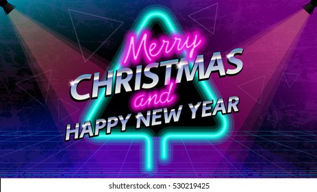 Merry Christmas and New Year social media neon light banner. Retro style 80's, disco neon, party, fashion, background, graphic, light disco party 1980, club vintage, dance night. 