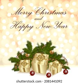 Merry Christmas and New Year. Square template with bokeh, golden gift boxes, golden balls, glitter, Christmas tree branch. Social media, social network. Vector illustration on light background