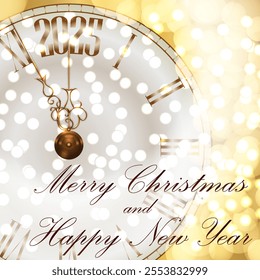 Merry Christmas and New Year. Square template with clock. Last moments before New Year 2025. Countdown to midnight. Isolated vector illustration