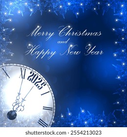 Merry Christmas and New Year. Square template with clock, snowflakes. Countdown until midnight. 2025. Dark blue background. Vector illustration.