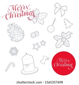 Merry Christmas and New Year sticker pack set. Hand drawn ink calligraphy. Christmas card with snowflakes, bow, bell, corn, stars, rabbit, candles, lollipop, tree, Christmas ball. Vector illustration