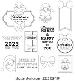 Merry Christmas and new year stickers, labels outline. Vector