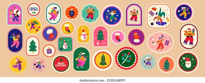 Merry Christmas and New Year stickers, tags and labels. Merry Christmas holiday illustrations. Christmas decorative stickers with fun people, Christmas tree, snowman and gifts.