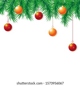 Merry Christmas, New Year. Template for holiday with space for text. Winter ornament, background, greeting card, poster or banner with xmas tree branches, gold and red balls. Vector illustration.