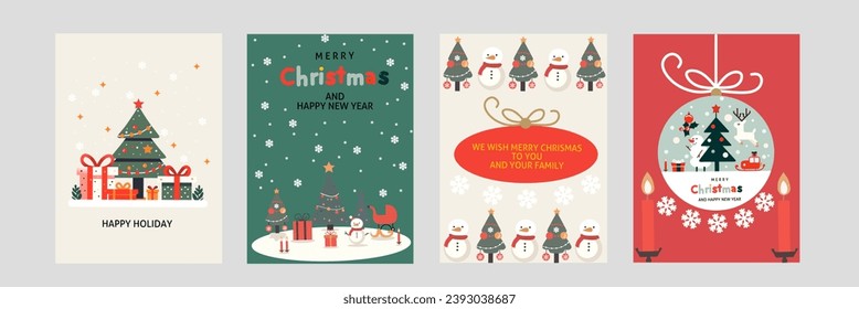 Merry Christmas and New Year template Set of greeting cards, posters, holiday covers. Modern Christmas design with geometric patterns in green, red, cream. Christmas trees, snow, gifts 