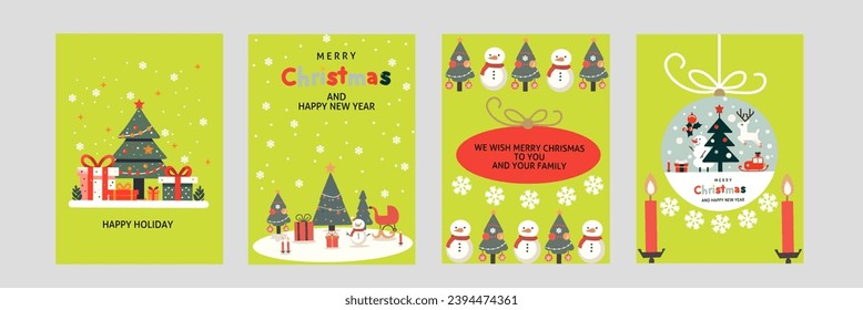 Merry Christmas and New Year template Collection of greeting cards, posters, holiday covers. Modern Christmas design with green geometric pattern. Christmas tree, snow, gifts 