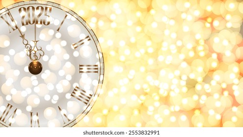 Merry Christmas and New Year. Template with bokeh, clock. Last moments before New Year 2025. Countdown to midnight. Isolate vector illustration.