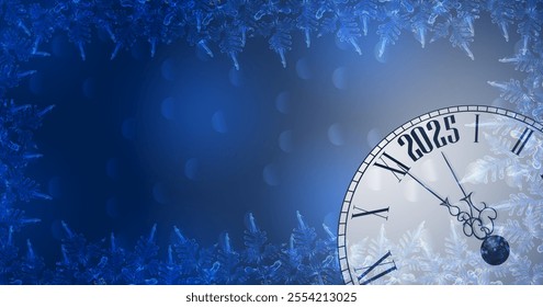 Merry Christmas and New Year. Template with clock, snowflakes. Countdown until midnight. 2025. Dark blue background. Vector illustration.