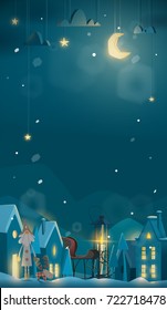 Merry Christmas and New Year template. Night winter atmosphere.Vertical banner for your design.