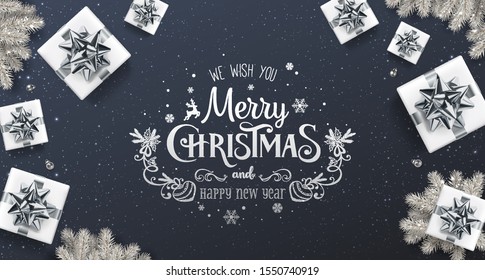 Merry Christmas and New Year Text on dark background with gift boxes, fir branches, silver bows, ribbons, decoration, sparkles, confetti, bokeh. Xmas holiday, realistic vector, top view