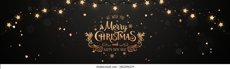 Merry Christmas and New Year text lettering on dark background with glitter gold confetti, bokeh and glowing lights garland. Xmas card. Vector Illustration, holiday realistic banner