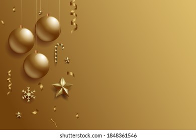 merry christmas and new year theme decorated by christmas balls, star, snowflake and ribbon with copy space on gold background