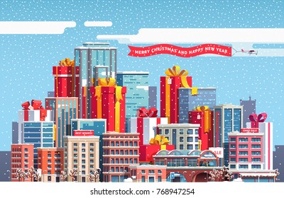 Merry Christmas & New Year themed cityscape with skyscrapers, huge gift boxes with big ribbon bows. Snowing over city downtown landscape, presents, snow covered skyscrapers. Flat vector illustration.