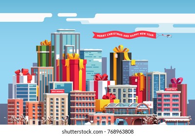 Merry Christmas & New Year themed cityscape with skyscrapers, huge gift boxes with big ribbon bows. City downtown landscape with presents and snow covered skyscrapers. Flat vector illustration.