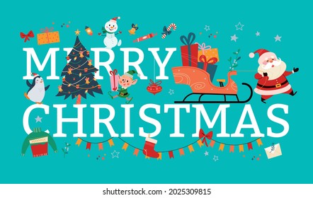 Merry Christmas and New year trendy composition with decorated fir tree, Santa Claus, xmas elf character, decor elements. Vector flat cartoon illustration. For banner, packaging, card, invitation.