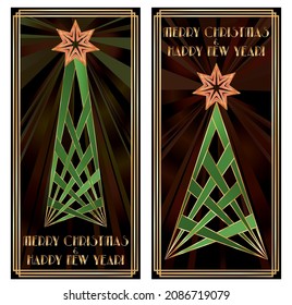 Merry Christmas and New year two banners in Art deco style, vector illustration