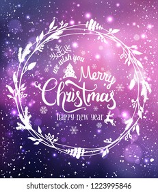 Merry Christmas and New Year typographical on holiday background with Christmas wreath, snowflakes, light, stars. Xmas card. Vector Illustration