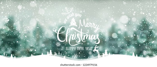 Merry Christmas and New Year typographical on holidays background with winter landscape with snowflakes, forest, light, stars. Vector Illustration. Xmas card