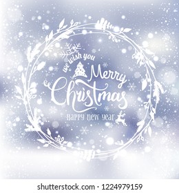 Merry Christmas and New Year typographical on shiny holiday background with Christmas wreath, snowflakes, light, stars. Xmas card. Vector Illustration