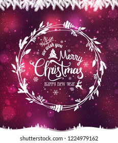 Merry Christmas and New Year typographical on purple holiday background with Christmas wreath, landscape, snowflakes, light, stars. Xmas card. Vector Illustration