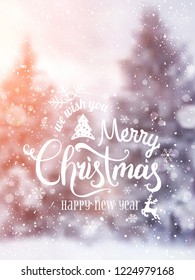 Merry Christmas and New Year typographical on holidays background with winter landscape with snowflakes, forest, light, stars. Vector Illustration. Xmas card