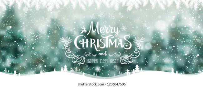 Merry Christmas and New Year typographical on holidays background with winter landscape with snowflakes, forest, light, stars. Vector Illustration. Xmas card