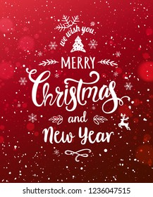 Merry Christmas and New Year typographical on red holiday background  with snowflakes, light, stars. Xmas card. Vector Illustration