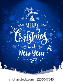 Merry Christmas and New Year typographical on blue holiday background with Christmas wreath, landscape, snowflakes, light, stars. Xmas card. Vector Illustration