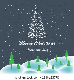 Merry Christmas and New Year Typographical on shiny Xmas background with winter landscape with snowflakes.