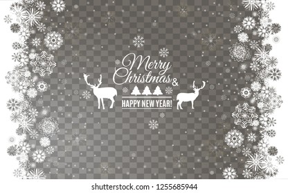 Merry Christmas and New Year Typographical with reindeers & snowflakes. Snow border frame on transparent background. Abstract snowflake background for your Christmas design. Vector illustration