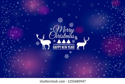 Merry Christmas and New Year Typographical with reindeers & snowflakes. Snow border frame on dark blue background. Abstract snowflake background for your Christmas design. Vector  winter illustration