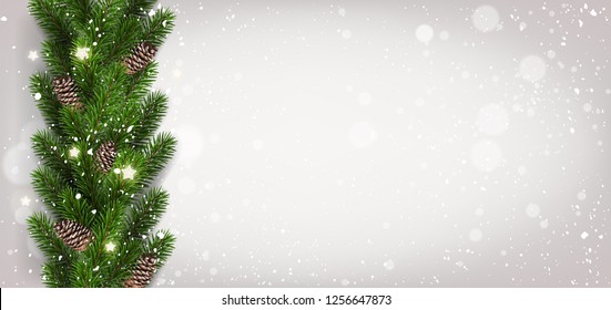 Merry Christmas and New Year Typographical on white background with fir branches, berries, lights, snowflakes. Xmas theme. Vector Illustration