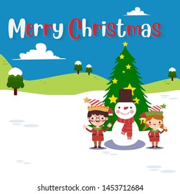 Merry Christmas and New Year Typographical on shiny Xmas background with winter landscape with snowflakes, light, stars.Vector