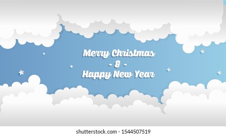 Merry Christmas and New Year typographical on holidays background with winter landscape with snowflakes, light, stars. Vector Illustration. Xmas card