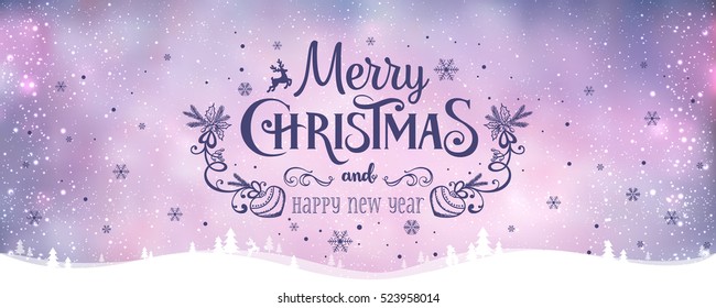 Merry Christmas and New Year typographical on holidays background with winter landscape with snowflakes, light, stars. Vector Illustration. Xmas card