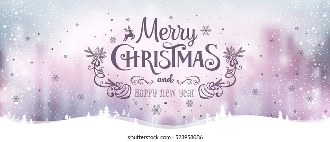 Merry Christmas and New Year typographical on holidays background with winter landscape with snowflakes, light, stars. Vector Illustration. Xmas card