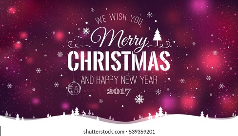 Merry Christmas and New Year typographical on holidays background with winter landscape with snowflakes, light, stars. Vector Illustration. Xmas card