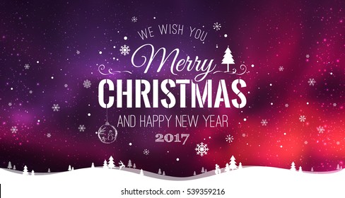 Merry Christmas and New Year typographical on galaxy background with winter landscape with snowflakes, light, stars. Vector Illustration. Xmas card