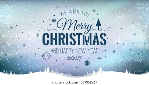 Merry Christmas and New Year typographical on holidays background with winter landscape with snowflakes, light, stars. Vector Illustration. Xmas card