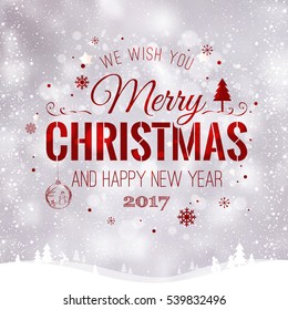 Merry Christmas and New Year typographical on light background with winter landscape with snowflakes, light, stars. Vector Illustration. Xmas card