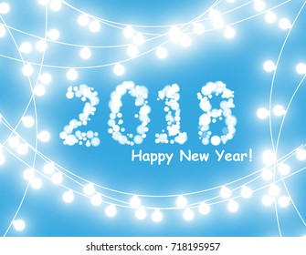 Merry Christmas and New Year typographical on holidays background with winter landscape with garland. Vector Illustration. Xmas card