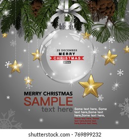 Merry Christmas and New Year. Typographical on shiny Xmas background with winter landscapes with winter snowflakes, light, stars. Merry Christmas card. Vector illustration